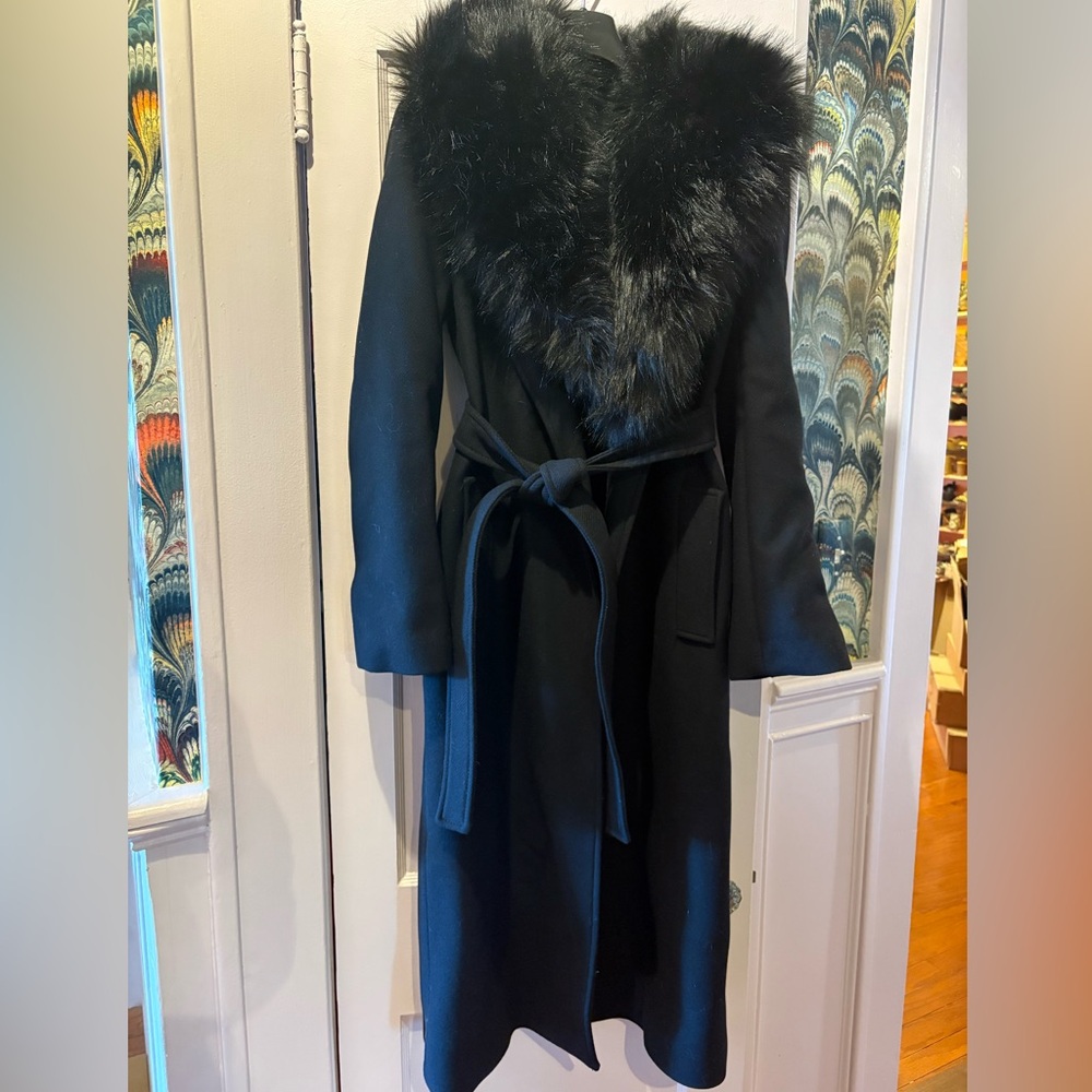 Zara Black Faux Fur-Collar Wool Blend Coat